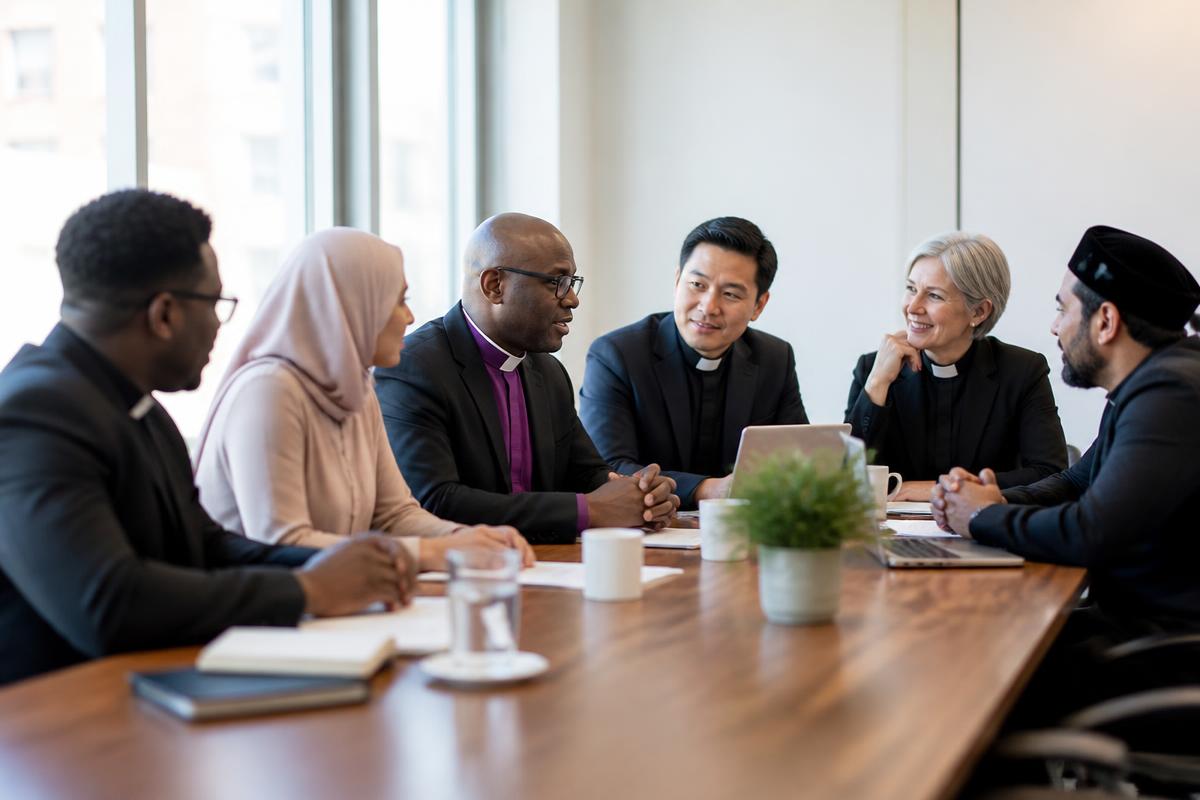 Diverse clergy and faith leaders sit together around a conference table, reviewing documents and collaborating.