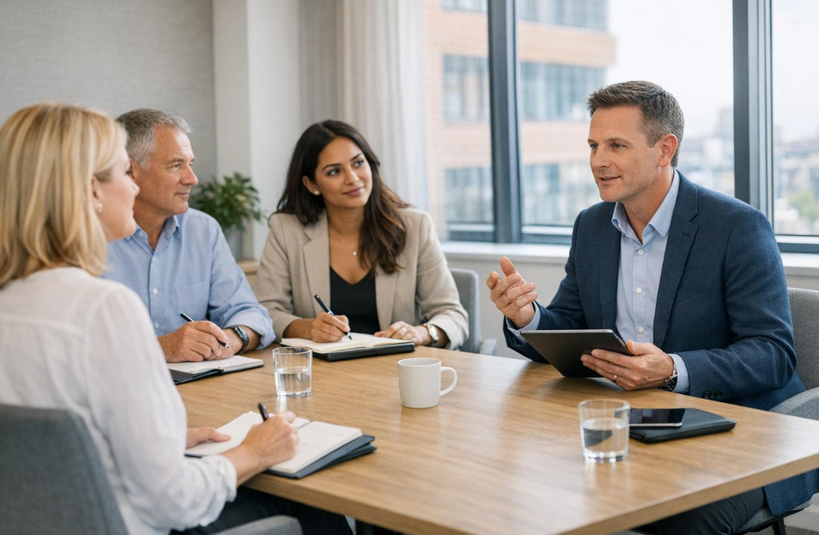Consultant leading a focused discussion with executives around a boardroom table
