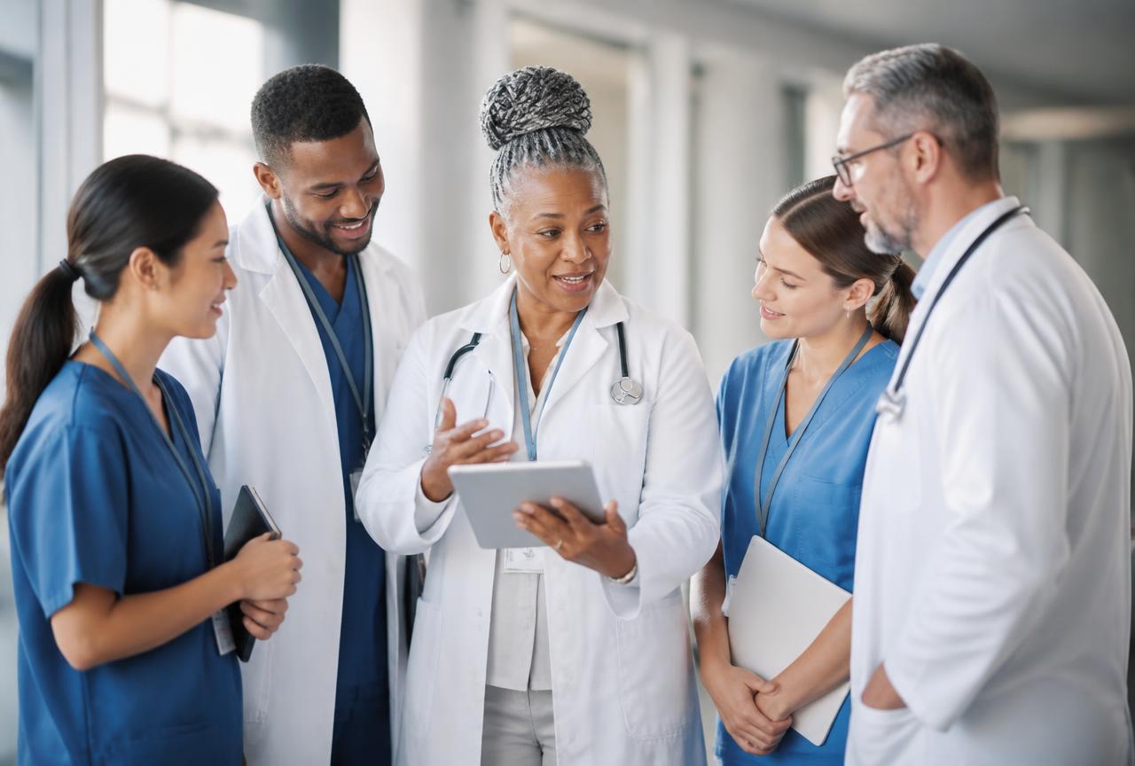 A diverse team of medical professionals in a bright modern hospital corridor, reviewing a tablet and talking together.