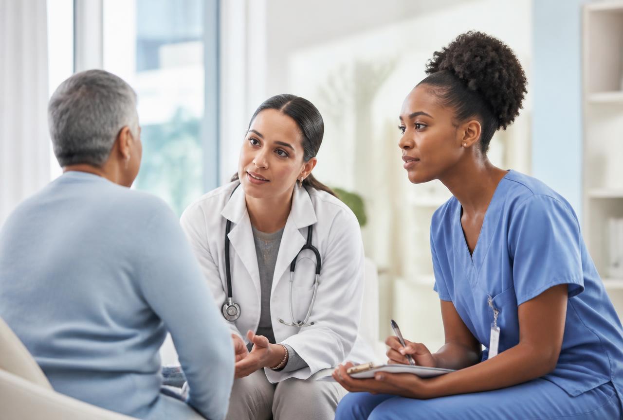 A doctor and nurse consulting compassionately with a patient in a bright modern examination room.