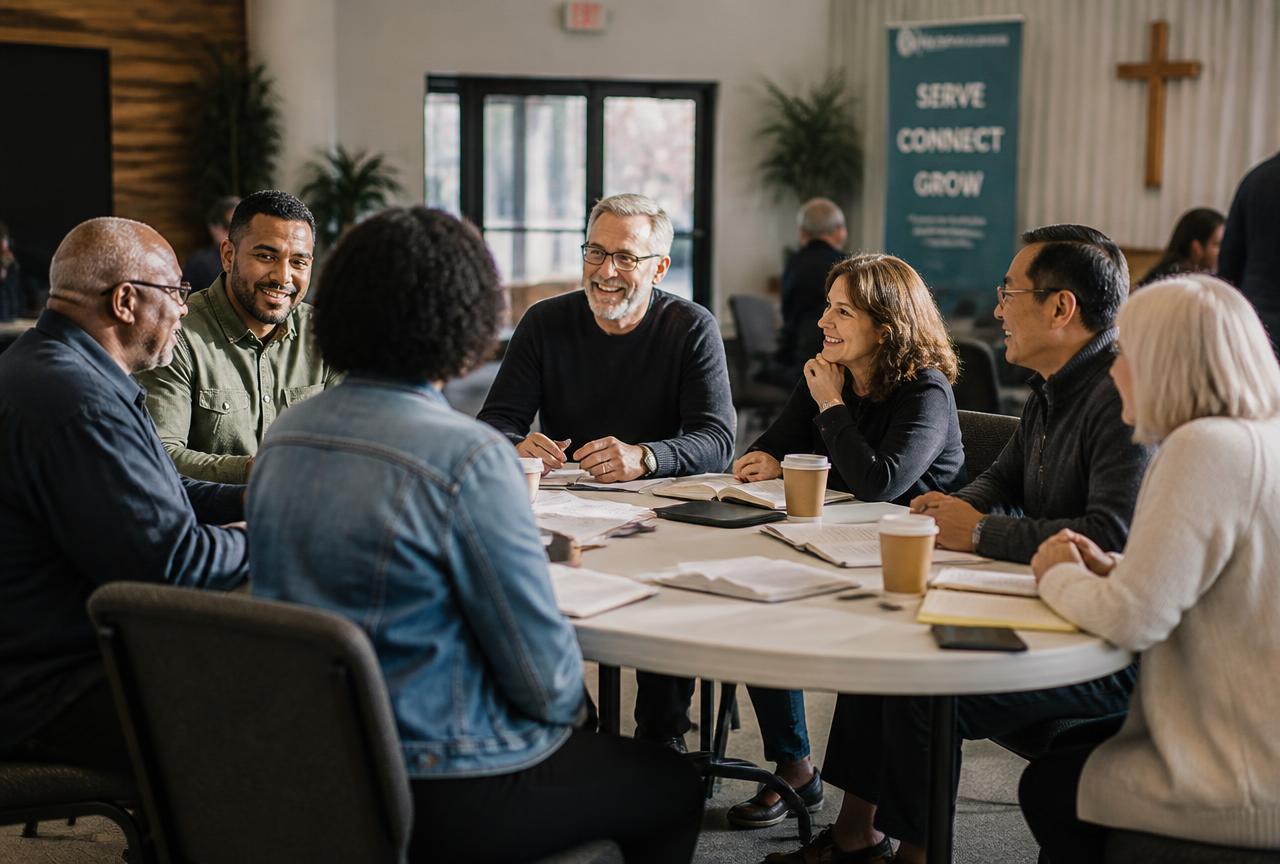 A diverse church leadership team of pastors and lay leaders seated around a table in a fellowship hall, talking over notes and open books.