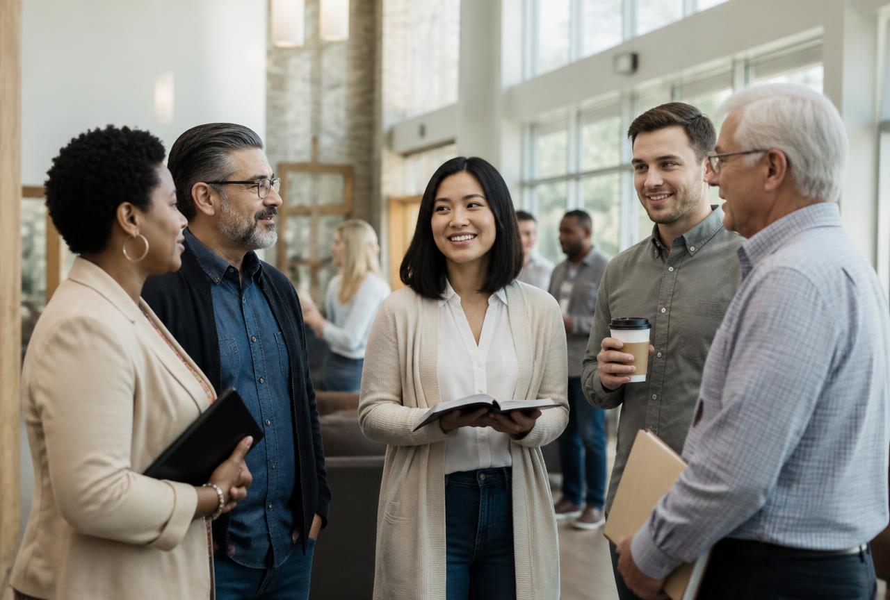 Church staff and volunteers of different ages and backgrounds standing together in a sanctuary lobby, planning and talking.