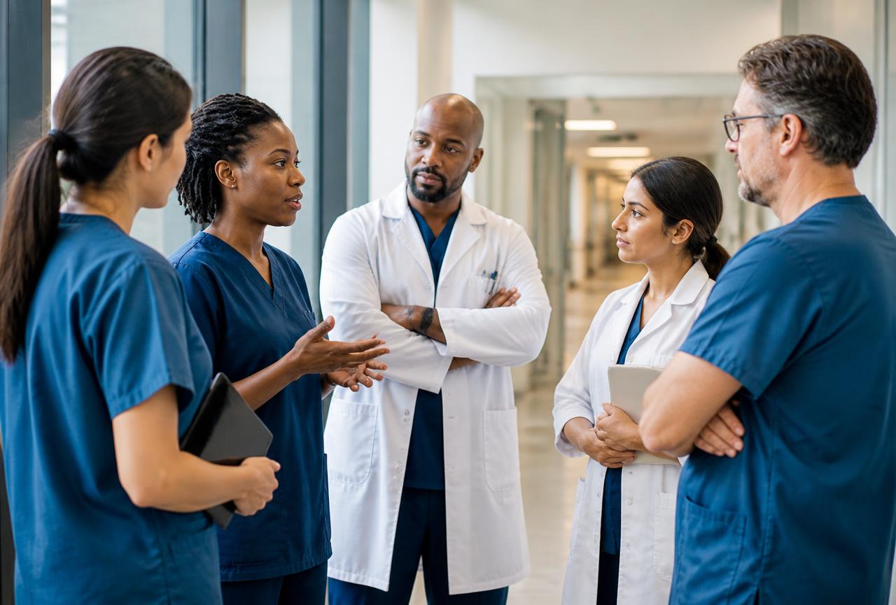 A diverse care team of nurses and physicians in scrubs and white coats huddled in a bright hospital corridor, listening to a colleague.