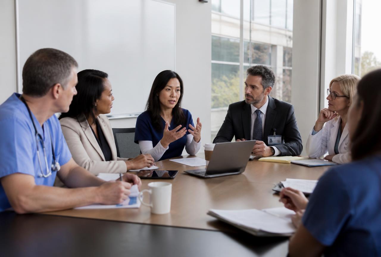 Clinical directors and hospital administrators in a light-filled medical center conference room, discussing plans together.